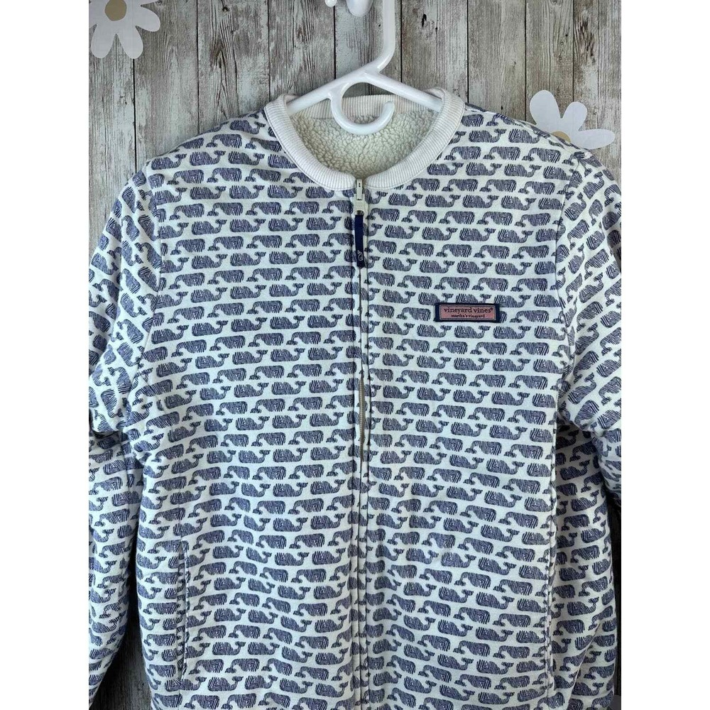 Vineyard Vines Reversible Jacket Girls Sz L White Navy Whale Print Pocket Fleece